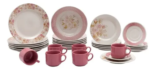 Aparelho De Jantar Biona Sweet Moment Cerâmica 30 Peças 5160 Cor Rosa - R$ 277,9