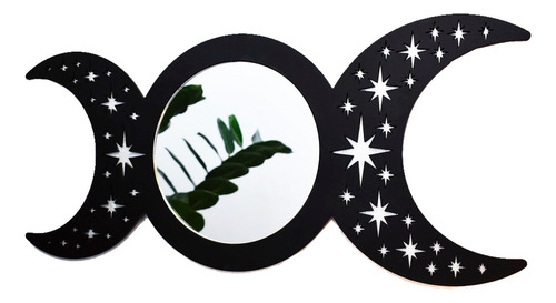 Espejo Triple Luna Black Star Diosa En Madera Bruja Esoteric Marco Negro mate