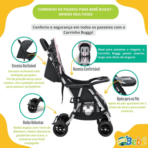Carrinho de Passeio P/Bebê Tipo Berço Buggy Minnie Multikids