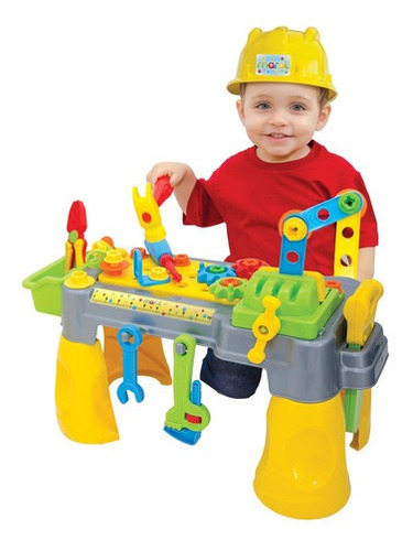 Brinquedo Bancadinha De Ferramentas Mesa Infantil + Capacete