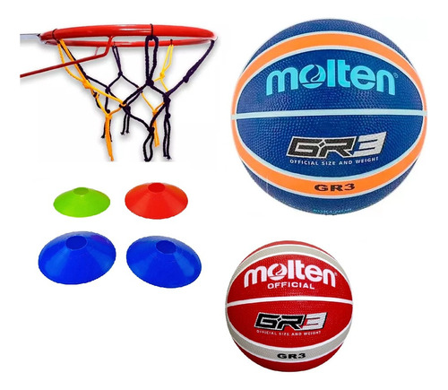 Pelota De Básquet Molten Gr3 + Aro N°5 + 4 Conos Tortuga