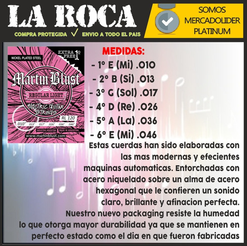 Encordado Cuerdas Martin Blust 010 Guitarra Electica + 1°