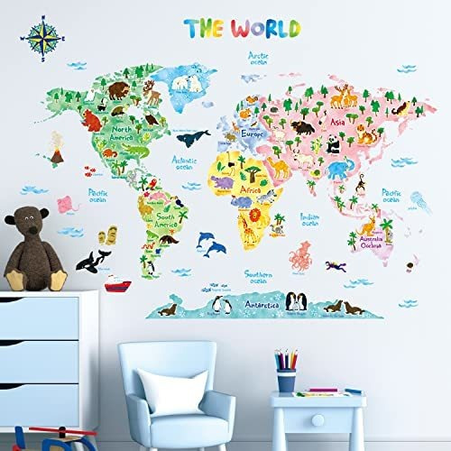 Calcomanías De Pared Mapa Mundial Animales Niños Decoración