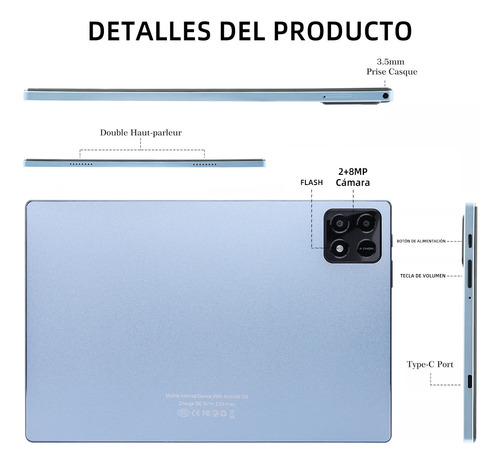 Tablet 10.1'' Android 16gb+256gb 5g Wifi Tablets Con Teclado Azul Claro