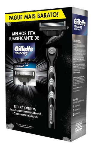 Aparelho Recarregável + 2 Carga Barba Gillette Mach3 Carbono