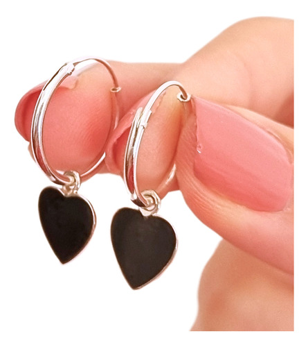 Aros Argollas 16mm Corazón Esmaltado Negro De Plata 925