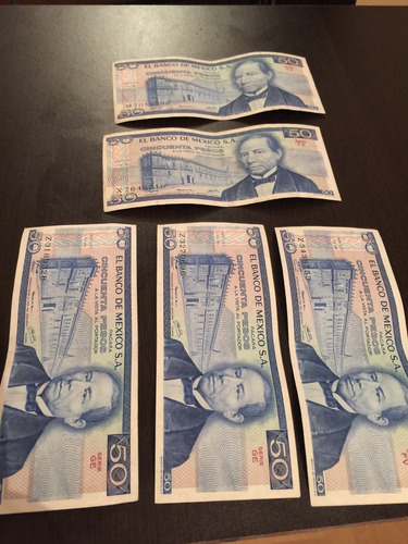 Lote De 5 Billetes Antiguos De 50 Pesos Benito Juárez