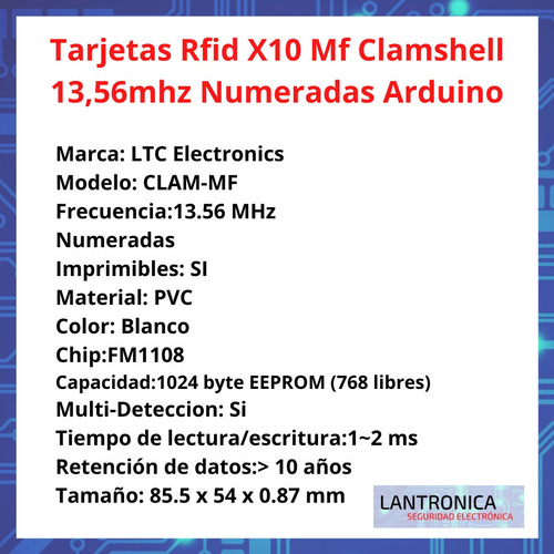 Imagen 2 de 9 de Tarjetas Rfid X10 Mf Clamshell 13,56mhz Numeradas Arduino
