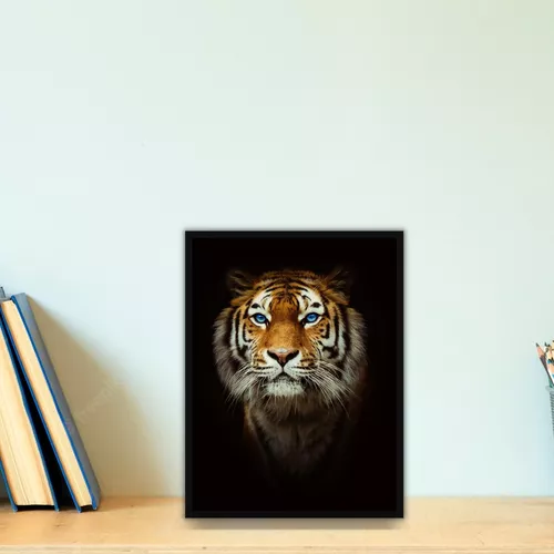 Quadro Decorativo Tigre Preto e Branco Olhos Azuis