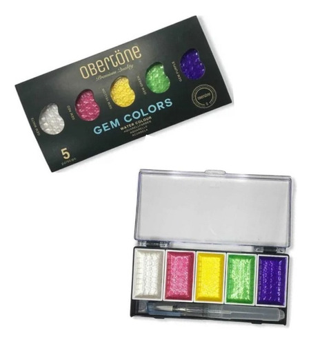 Set Con 5 Acuarelas Métalicas Obertöne Premium + Water Brush Color Gem