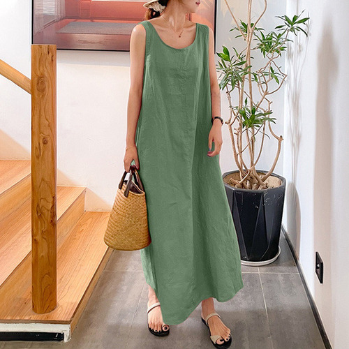 Loose Cotton Linen Sleeveless Dress With Pockets