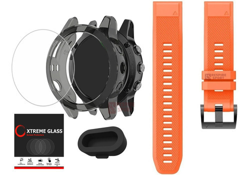 Kit Pulseira Para Fenix 6 47mm + Capa Pelicula Plugue Usb Cor Laranja