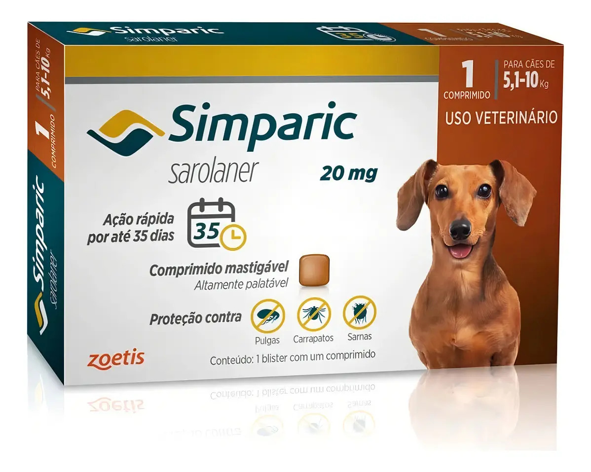 Simparic 20mg P/ Cães 5,1 A 10kg Antipulgas 1 unid