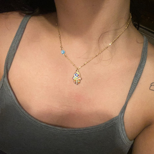Imagen 4 de 8 de Ojo Turco Mano De Fatima Dije Collar Mujer Protección Acero
