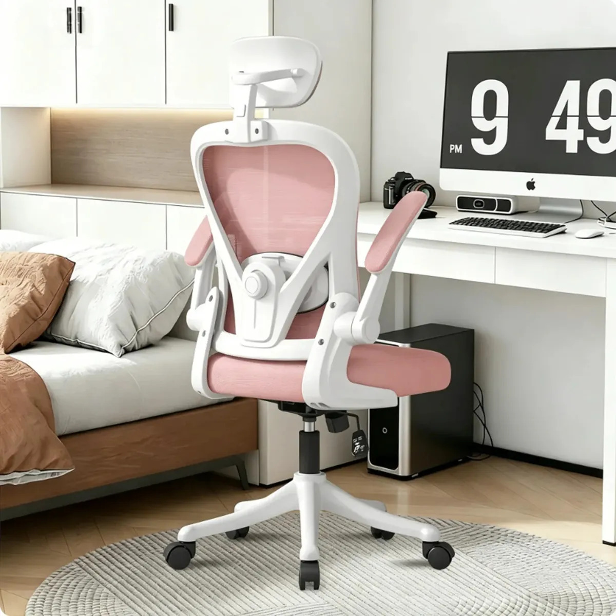 Cadeira Escritório Ergonômica Cor Rosa Com Suporte Lombar Estofado Mesh Suporta 150kg
