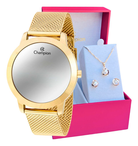 Relógio Champion Feminino Original Dourado Kit Colar Brincos