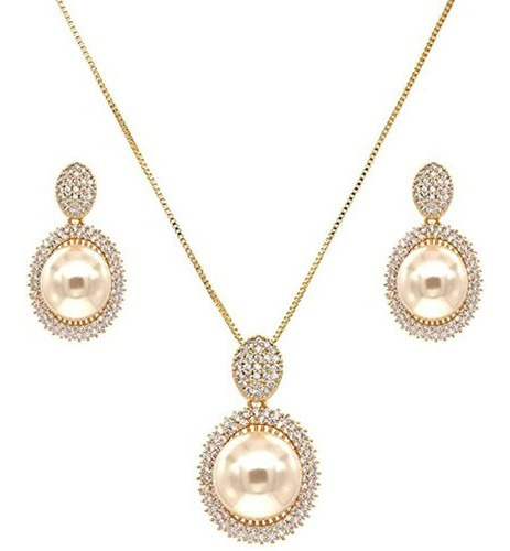 Oval Dangle Jewelry Set Color Crema Collar De Perlas Y Pendi