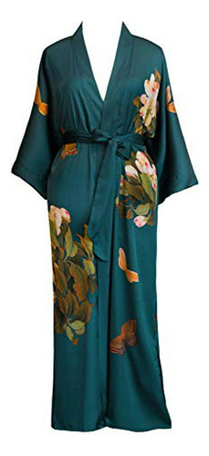 Bata Kimono De Seda Charmeuse Larga Con Estampado Floral