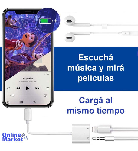 Imagen 4 de 10 de Splitter Compatible iPhone iPad - Auricular 3.5mm + Carga
