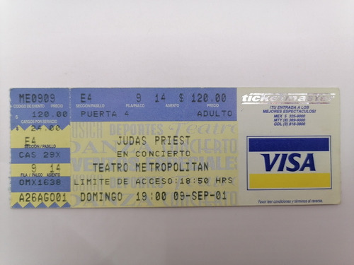 Judas Priest Boleto Concierto Mexico 09 Sept 2001 Metropolit