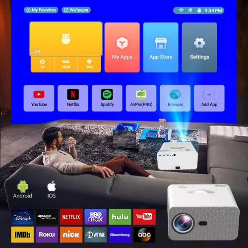 Video proyector LED con sistema operativo Android. Hasta 150 pulgadas,  contraste 3000:1. Conexiones HDMI, USB