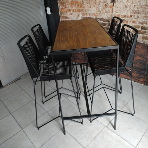 Imagen 2 de 4 de Mesa Barra 120x60 + 4 Taburetes Tulum Industrial Hierro