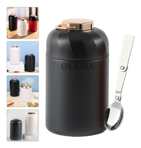 OYANIA Termo Portatil Comida Caliente Fría Sopa Acero Inox. 600ml Termo , Con Cuchara Plegable, Recipiente Sellado A Prueba De Fugas Con La Escuela,Oficina,Picnic,Niño(negro)