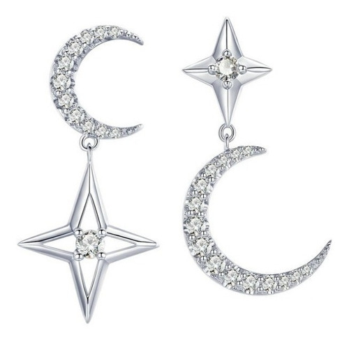 Aretes Largos Mujer Luna Y Estrella Circones En Plata 925