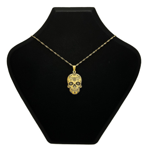 Cadena Y Dije Calavera Mexicana Oro 18k Amarillo 55 Cm