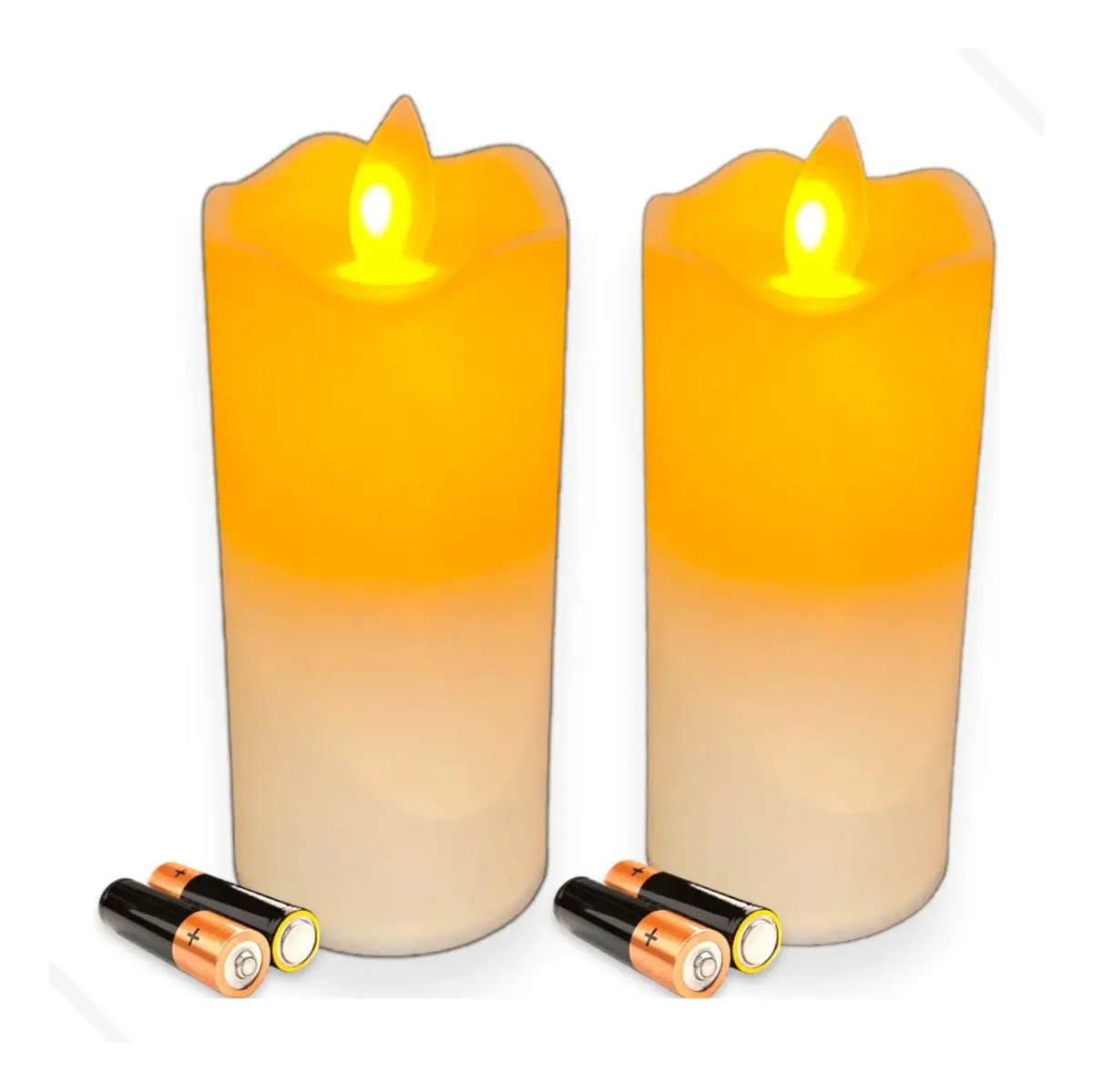 Kit 2 Vela Amarelo Eletrônica De Led Com Chama Viva + 2 Pilhas Aa Vela Lisa Eletrônica