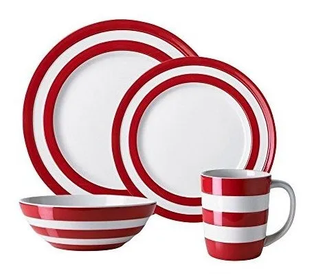 Juego De Franjas Rojas Y Blancas De Cornishware Con 4 Platos
