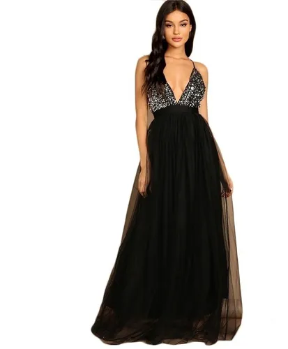 Vestido Largo De Noche Elegante Negro Lentejuela Plata Envio