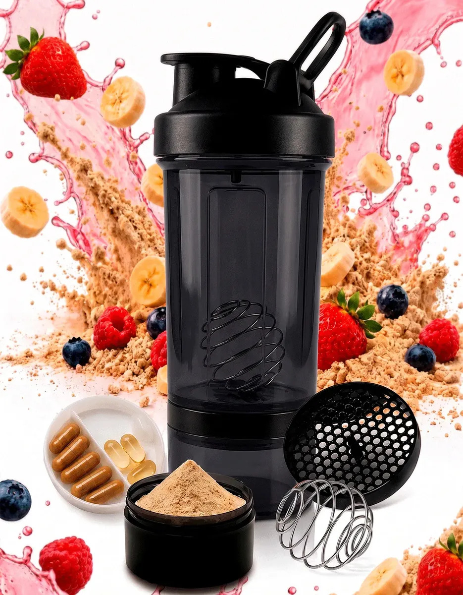 Coqueteleira Shaker Academia Compartimento 600ml Shaikeira Suplementos Whey Cápsulas Comprimidos Fit Home Safe Home