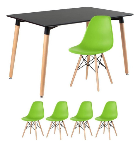 Kit Mesa Jantar Eames Retangular 120 X 80 Cm 4 Cadeiras Dsw Cor Da Tampa Mesa Preto Com Cadeiras Verde Claro