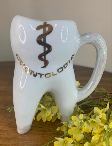 Caneca Dente De Porcelana Com Ouro - Odontologia 14 Cm