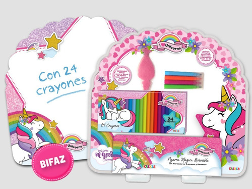 Imagen 1 de 5 de Pizarra Bifaz Kreker Unicorns , 24 Crayones + 4 Fibras + Bor