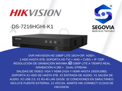 Dvr Hikvision 16 Canales 720p/1080p Ds-7216hghi-k