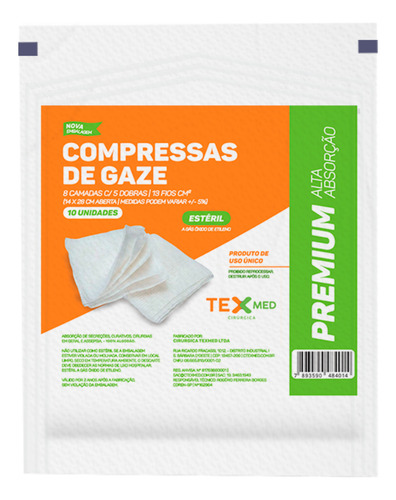 Compressa De Gaze Estéril Texmed 11 Fios 10 Envelopes 100 Un