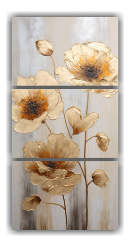 75x150cm Cuadro Decorativo Tríptico Amapolas Doradas Estilo