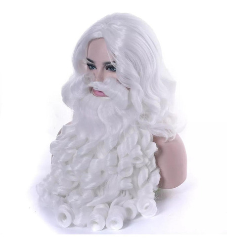 Peluca Santa Claus Blanca Rizada Con Barba Navideña 2 Piezas