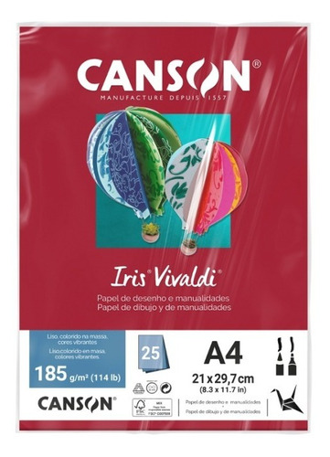 Papel Canson Iris Vivaldi A4 185g Vermelho Escuro 25 Folhas Liso