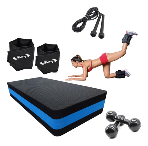 Kit Treino Emcasa Caneleira 4 Kg + Step+corda+halter4kg Cor Preto