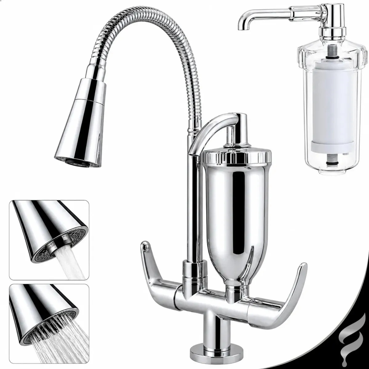 Torneira Cozinha Gourmet Com Filtro Pia Bancada Cone Toda Cromada Flexível Silicone Abs Bica Móvel 1/4 Volta 2 Jatos Chuveirinho Arejador - Softinox