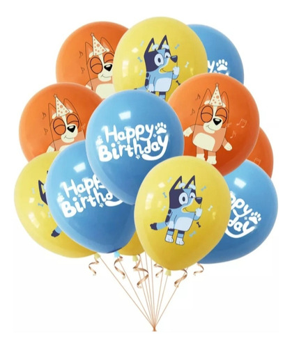 Set 12 Globos De Latex Temática Perritos Azul Y Naranja 