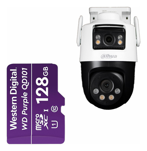 Kit Cronos Cámara De Seguridad Dahua Ip Pt Ipc-wpt1539dd-sw-5e2-pv Wifi Cruiser Dual 10mp Imagen A Color 24/7 Audio Doble Vía Alarma Auto Tracking + Microsd 128gb + Accesorios Cctv Wpt1539d-plus-128