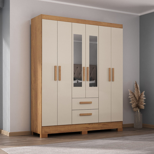 Guarda Roupa Casal Com Espelho 6 Portas Fortaleza Atualle Cor Canelato Rustico Com Off White