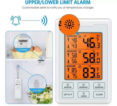 Termómetro para refrigerador, termómetro digital inalámbrico para nevera,  congelador con alarma audible, pantalla de temperatura máxima/mínima y 2