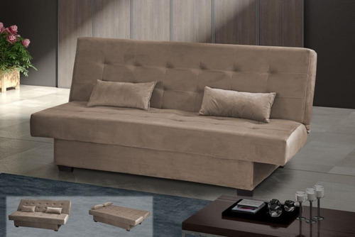 Sofá Cama Casal 3 Lugares Laila - Veludo Marrom Claro
