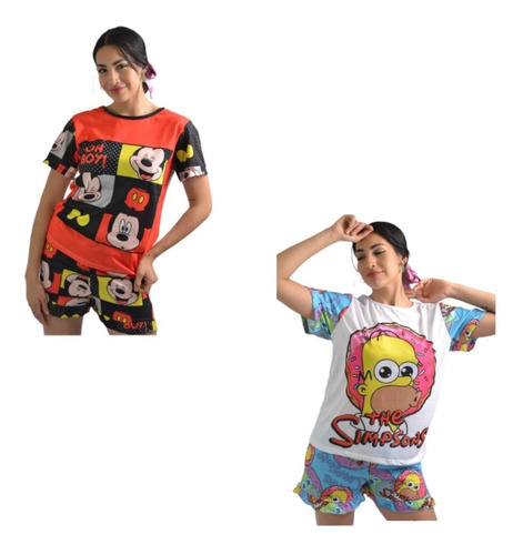 Pijama De Mujer Corto Remera Y Short, Mickey Y Homero