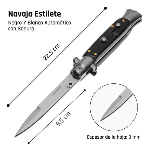 Navaja Estilete Con Boton Automático Cuchillo Acero Razor Negro Y Plateado